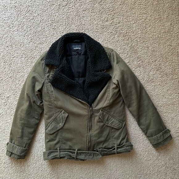 Express Jacket Womens Extra Small Full Zip Notch Green Cotton Fleece Lined - Picture 1 of 13